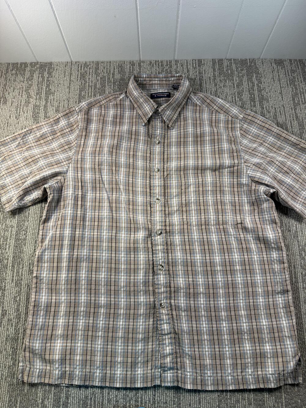 Roundtree & Yorke Shirt Mens Large Beige Plaid Short Sleeve Button Up Casual